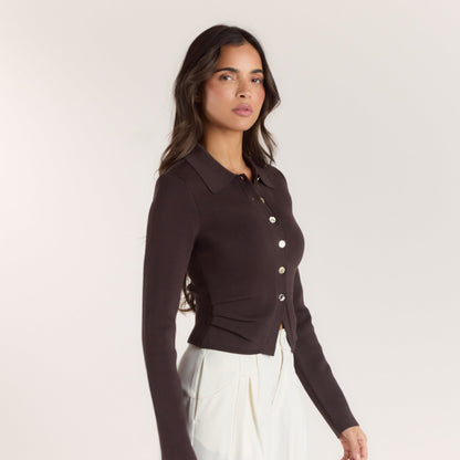 Ribbed Knitted Cardigan - Chocolate