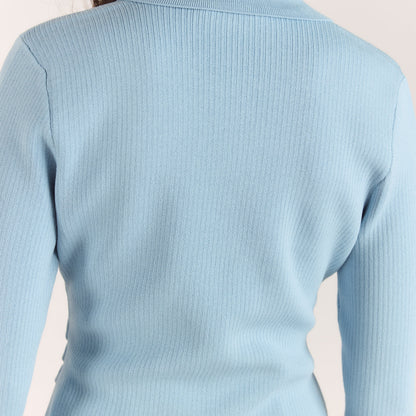 Ribbed Knitted Cardigan - Light Blue