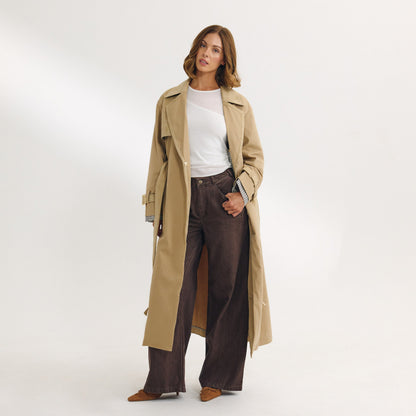 Suedette Trim Trench Coat - Sand