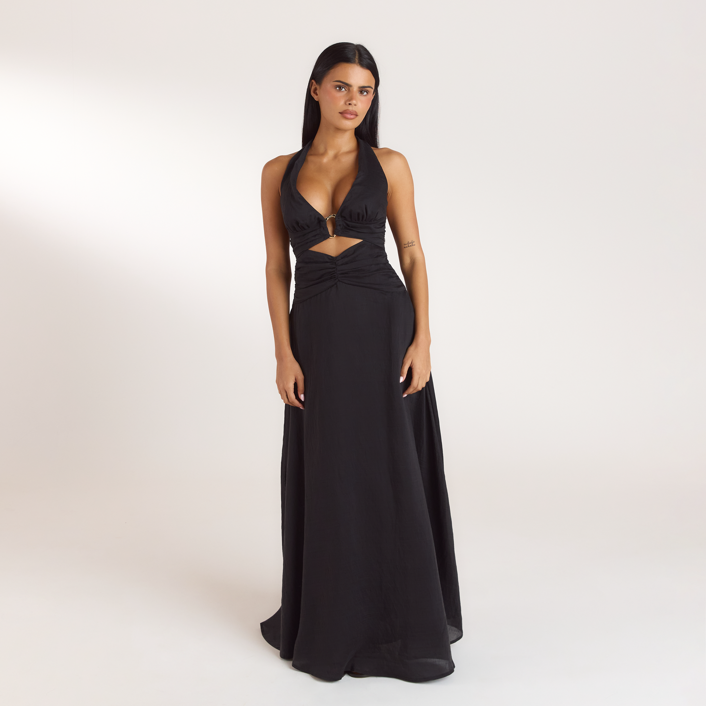 Ruched Tencel Maxi Dress - Black