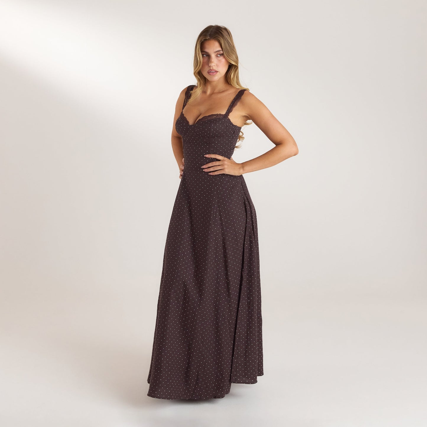 Lace Trim Maxi Dress - Chocolate Polka Dot