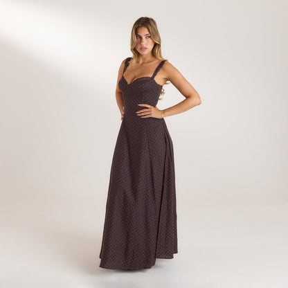 Lace Trim Maxi Dress - Chocolate Polka Dot