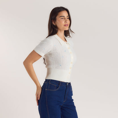 Embroidered Knitted Top - Cream