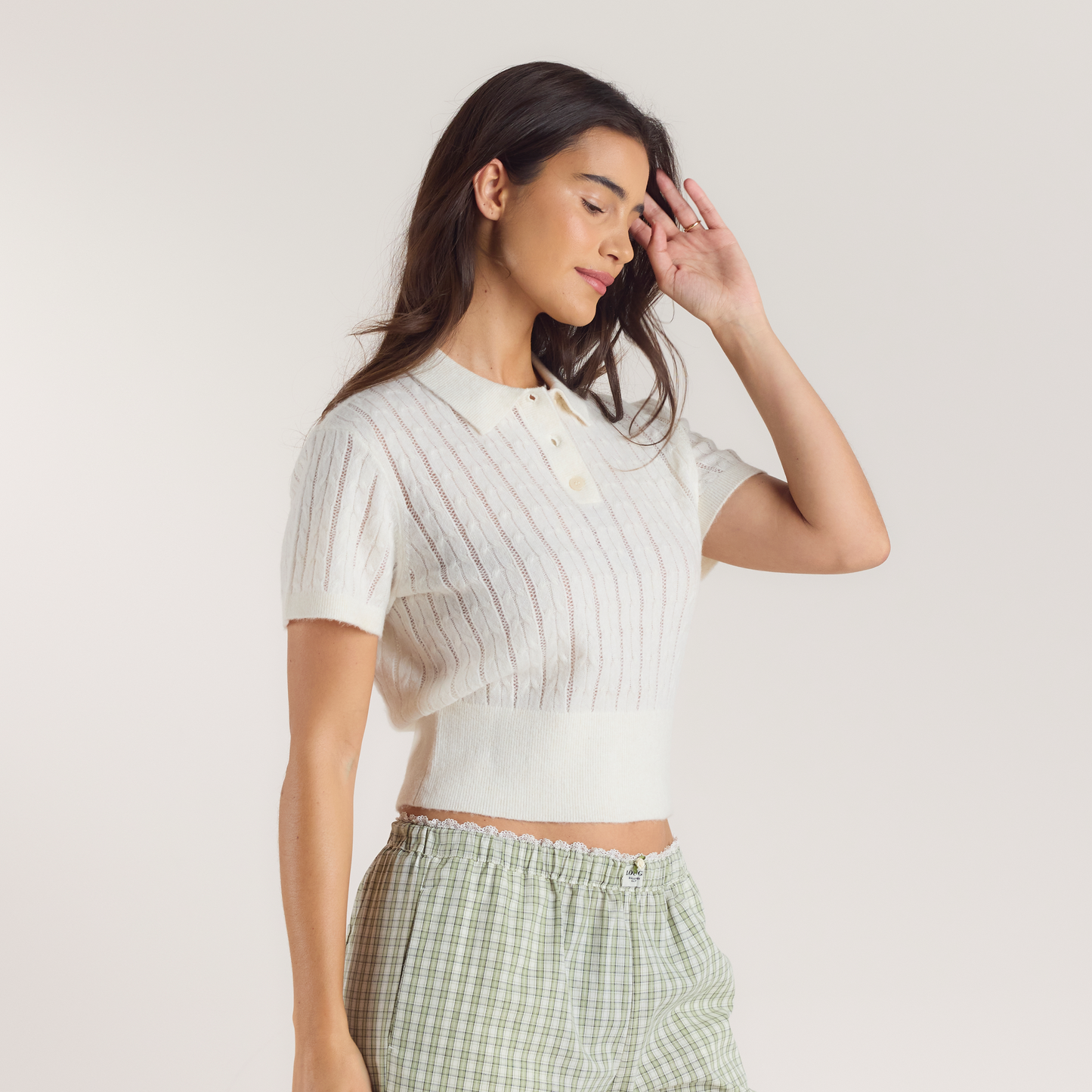 Sheer Knitted Polo Top - Cream