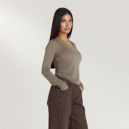 Asymmetric Fine Knit Top - Thyme