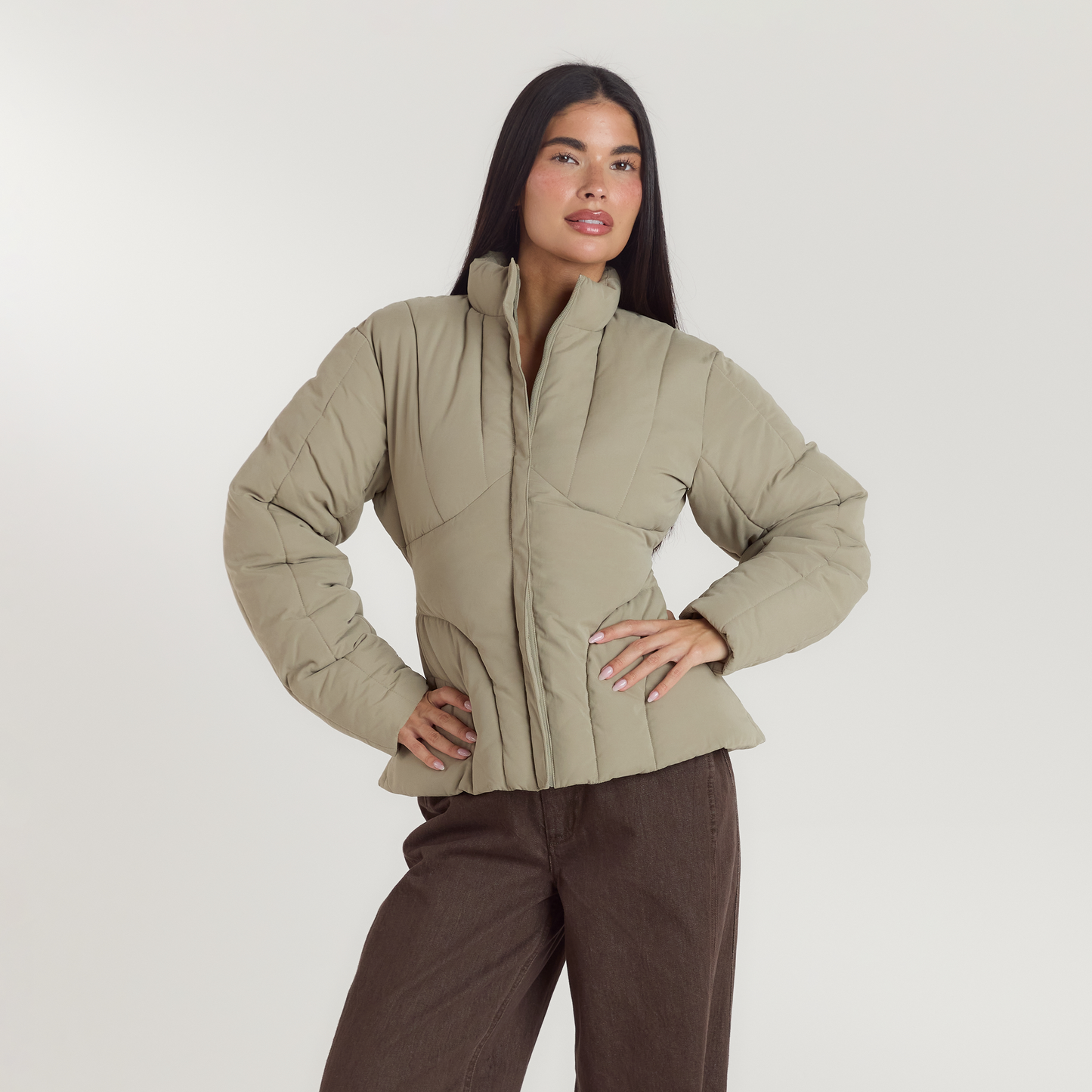 Cinched Puffer Coat - Thyme