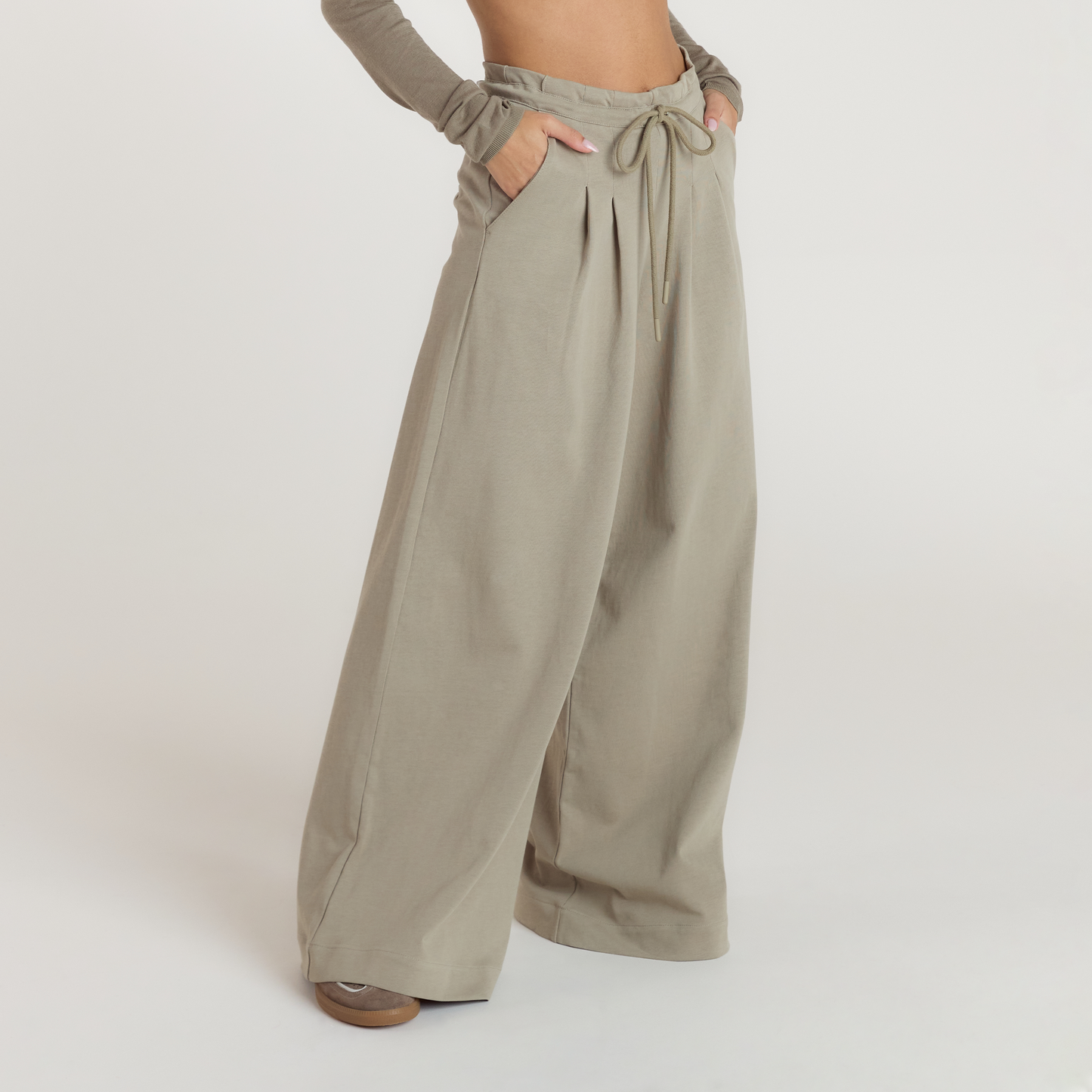 Pleated Wide Leg Trousers - Thyme