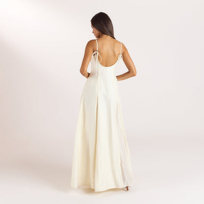 Embroidered Lace-Up Maxi Dress - Buttercream