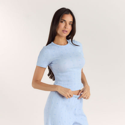 Pointelle Fitted Pajama Top - Blue Floral
