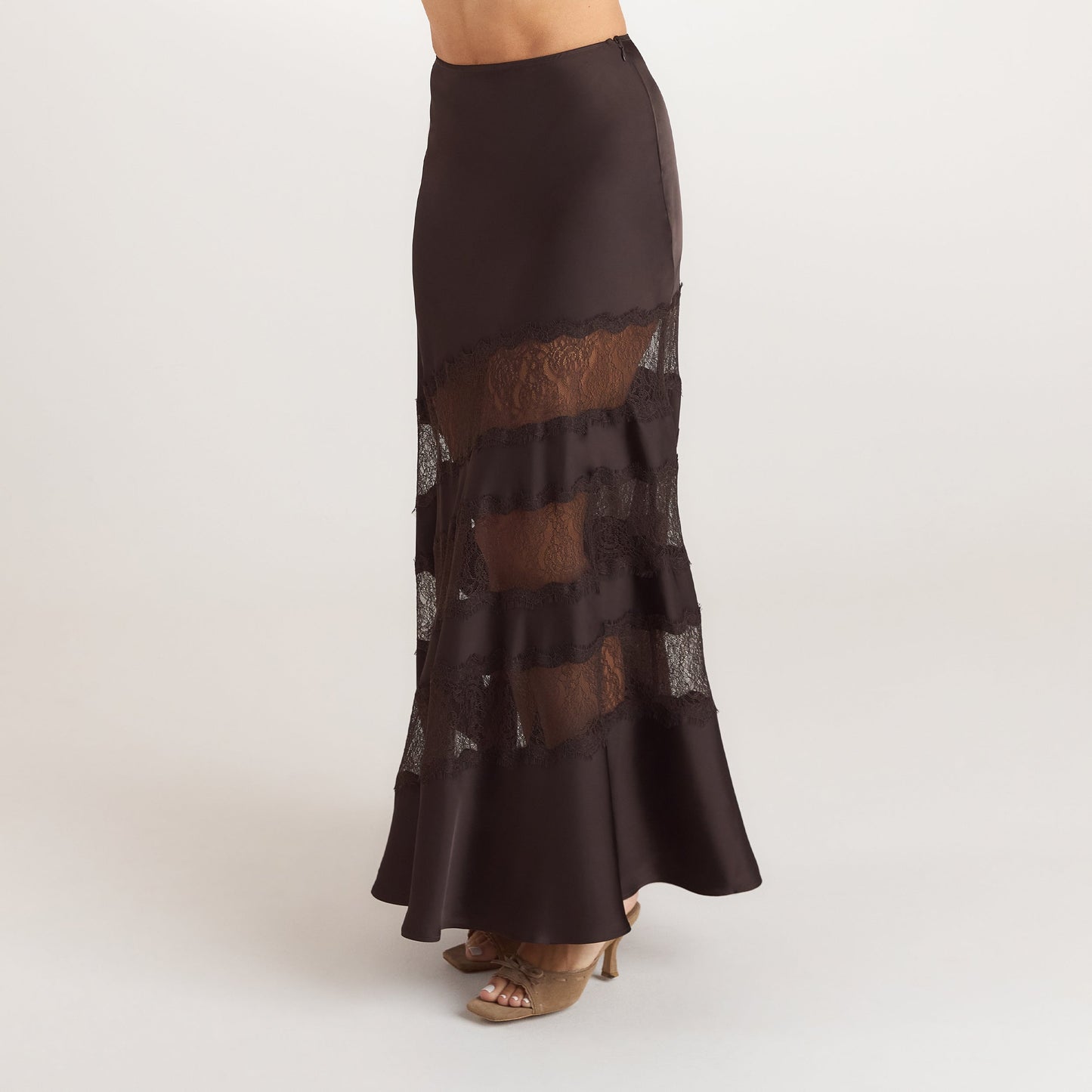 Lace Trim Maxi Skirt - Chocolate