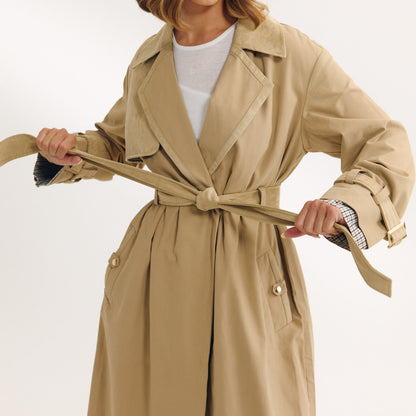 Suedette Trim Trench Coat - Sand